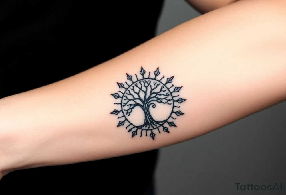 Tree inside of a spiral sun tattoo idea