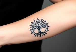 Tree inside of a spiral sun tattoo idea
