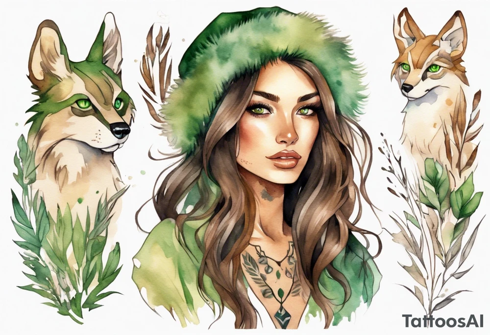 a woman with long brown hair with tan skin and green eyes wearing a fur tunic tattoo idea