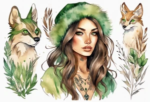 a woman with long brown hair with tan skin and green eyes wearing a fur tunic tattoo idea