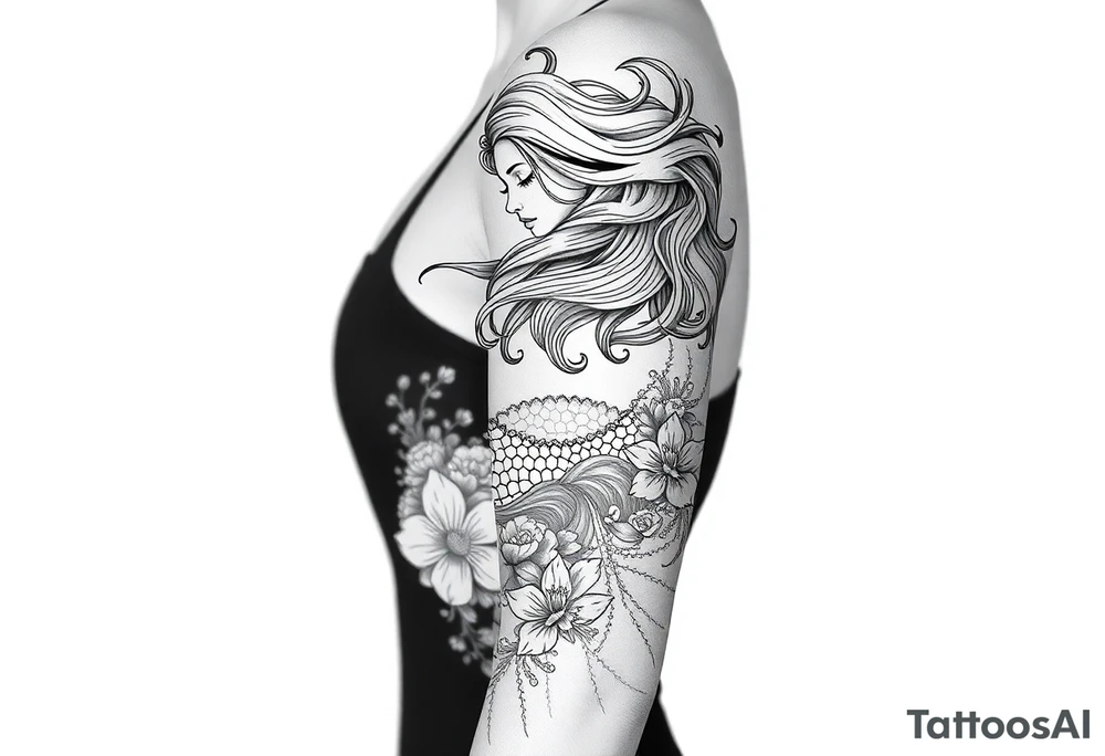 ethereal mermaid with flowing hair among coral and sea flowers tattoo idea