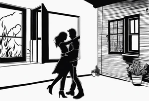 two people slow dancing in a burning room but the outside of the house is burning and you can only see them through a small window tattoo idea