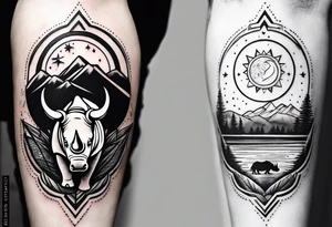 Fineline minimalistic tattoo with African continent as focus, rhino, camping which indicates adventure spirit, symbol of strength,  motherhood, pisces stars, lotus, sun, vertical alignment tattoo idea