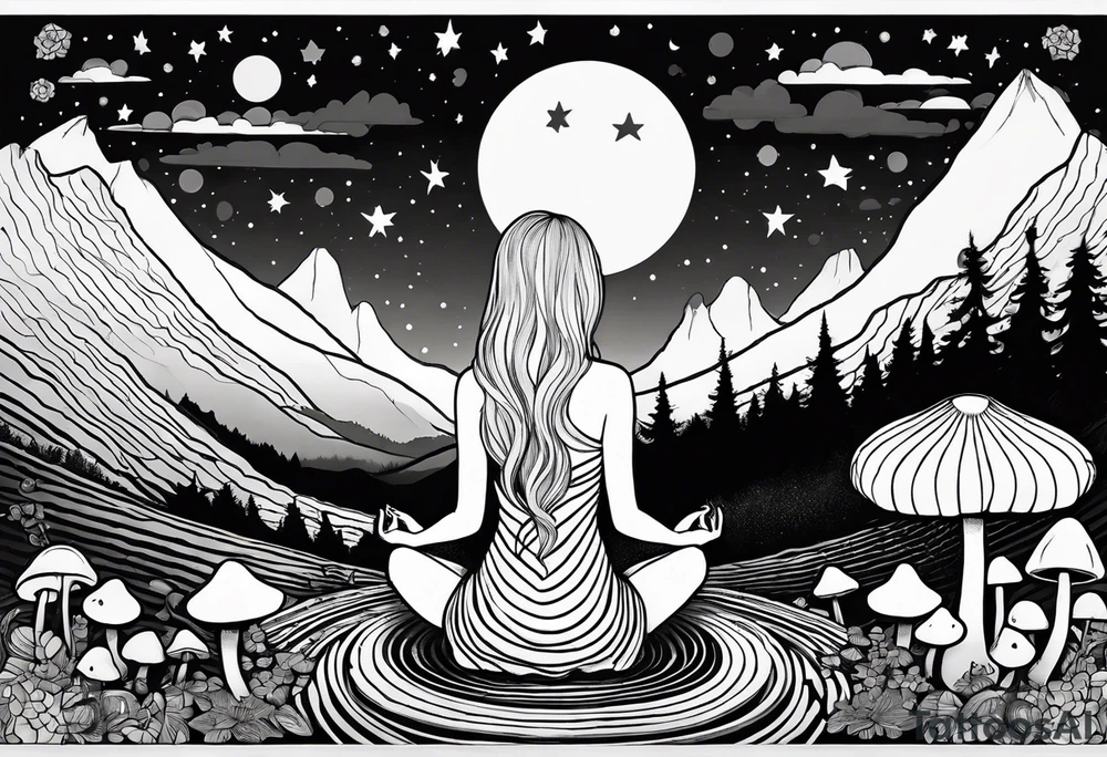 Straight blonde hair girl meditating facing away toward mountains surrounded by mushrooms crescent moon mandala circular design black and white striped dress tattoo idea