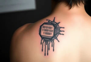 Bio-Mechanical internal computer, binary code, symbolism for 6 kids, 5 boys and youngest is a girl tattoo idea