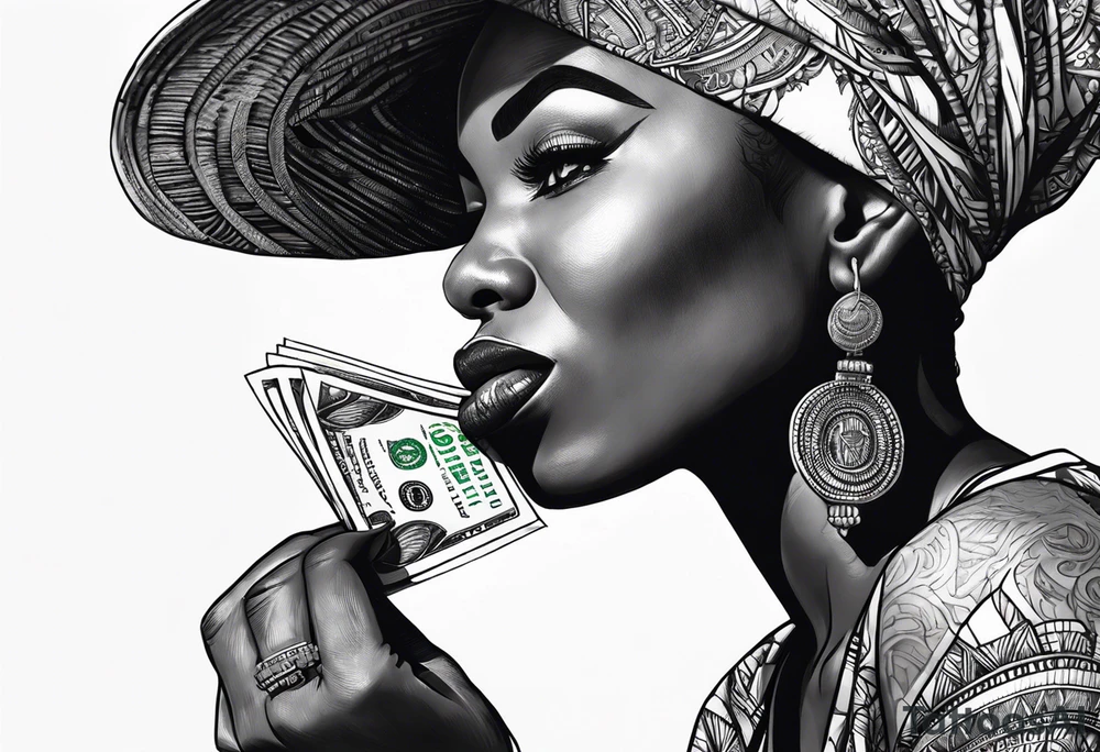 african woman biting money tattoo idea