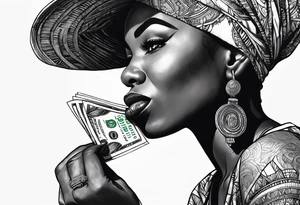african woman biting money tattoo idea
