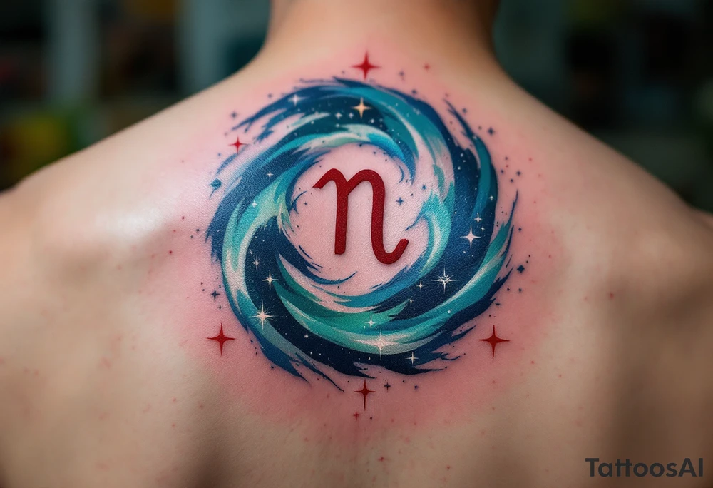 The Cancer zodiac sign in bold red sits at the heart of a swirling indigo and emerald star constellation. tattoo idea