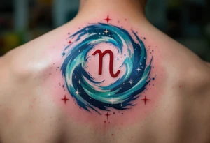 The Cancer zodiac sign in bold red sits at the heart of a swirling indigo and emerald star constellation. tattoo idea