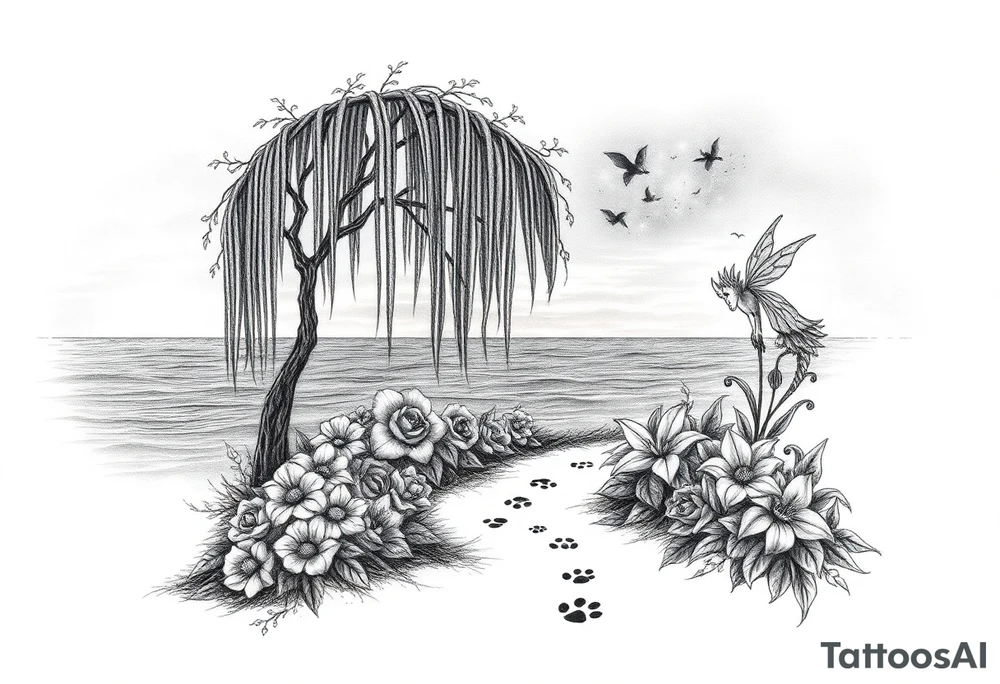 Sunset galaxy. Dark Ocean.  fairies, mermiads, dragons  weeping willow garden with roses and lilies flower beds,,  cat paw prints path in dirt. tattoo idea