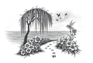 Sunset galaxy. Dark Ocean.  fairies, mermiads, dragons  weeping willow garden with roses and lilies flower beds,,  cat paw prints path in dirt. tattoo idea