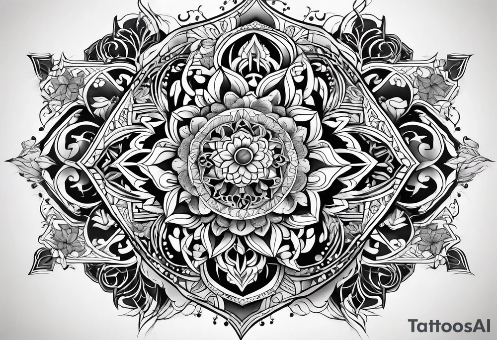 Arabic themed with fine line floral and geometric shapes tattoo idea Arabic themed with fine line floral and geometric shapes tattoo idea
