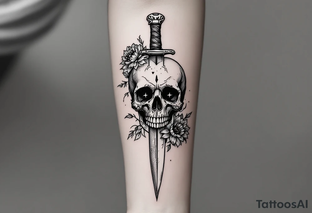Skull, heart piercing a dagger with roses and sunflowers tattoo idea Skull, heart piercing a dagger with roses and sunflowers tattoo idea
