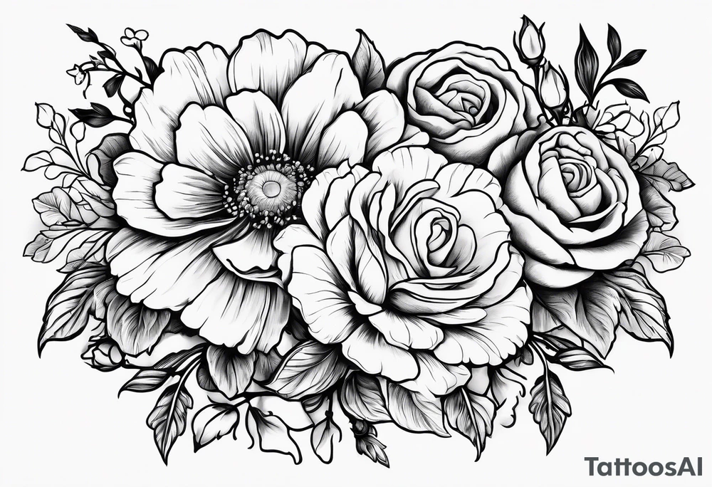 Roses, marigolds, cosmos, daisies, sweet peas tattoo idea