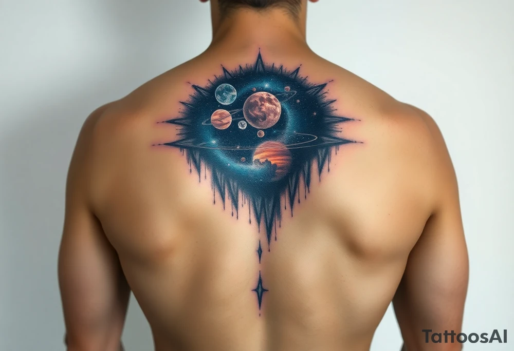 Beautiful and epic 3d milky way that appears to be what is beneath the skin. Make it drape over the shoulder and move to the middle back. use negative spaces to create planets and stars.Keep it symmetrical tattoo idea