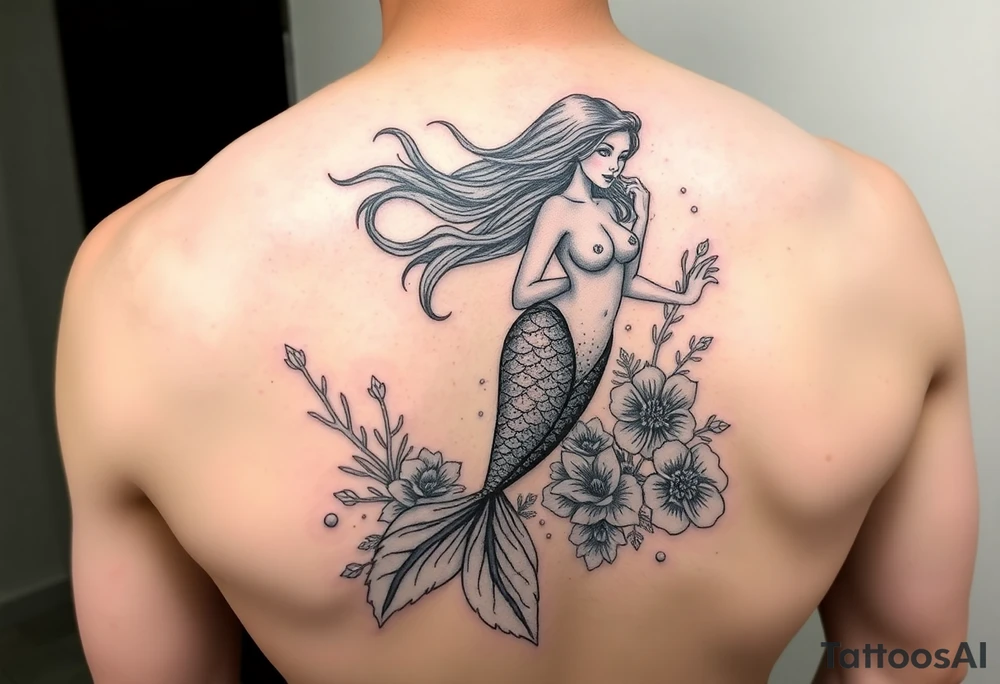 ethereal mermaid with flowing hair among coral and sea flowers tattoo idea