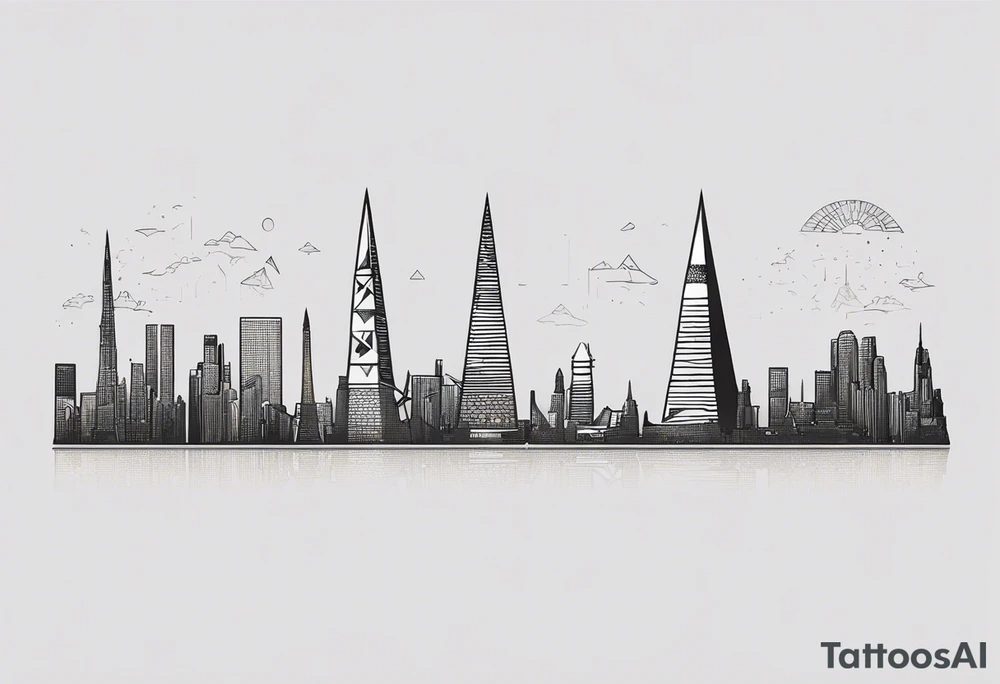 "Design a minimalist yet meaningful tattoo featuring a subtle fusion of the Pyramids of Giza and the Manhattan skyline. Opt for clean lines and essential elements, such as the silhouettes of the pyramids integrated with key skyscrapers. Consider a monochromatic color scheme to maintain simplicity, and choose a compact size for an understated yet impactful representation of your Egyptian and New York connections tattoo idea