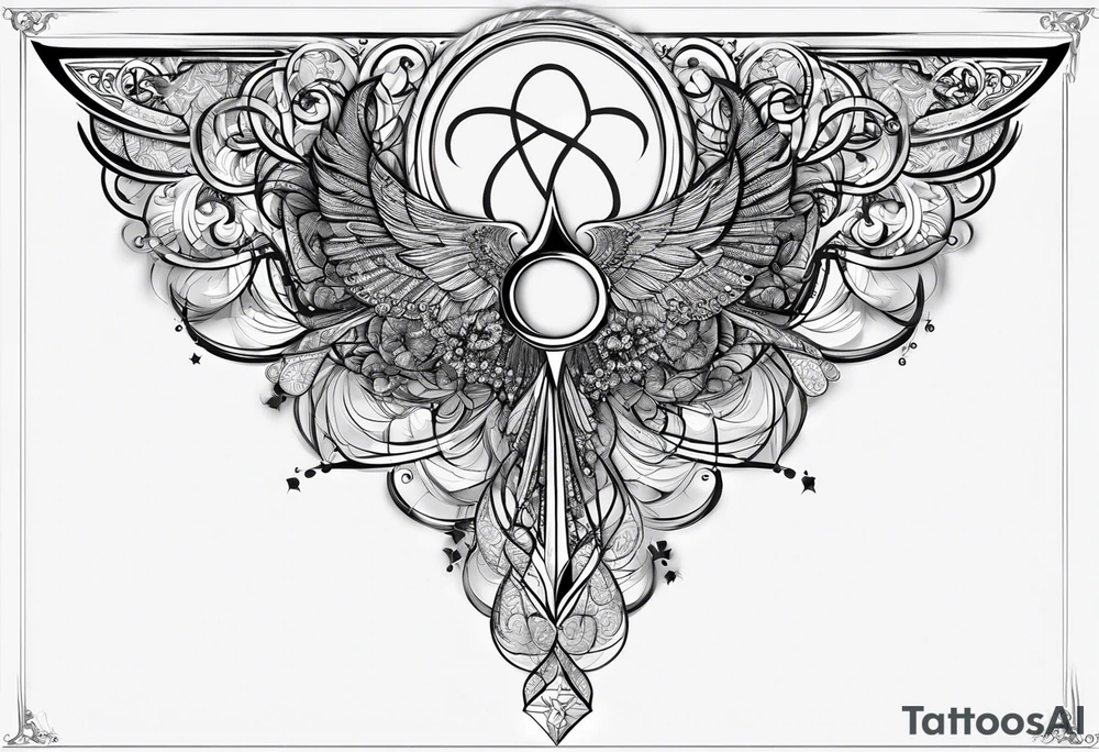 a tattoo for the forearm : a representation of the golden number, general relativity, Bohr’s model, a fractal and a symbol to represent the archangel Gabriel tattoo idea