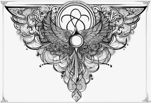 a tattoo for the forearm : a representation of the golden number, general relativity, Bohr’s model, a fractal and a symbol to represent the archangel Gabriel tattoo idea