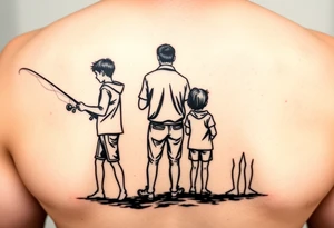 Silhouette of Dad, 14 yr old son, 11 yr old daughter and 3 yr old son fishing tattoo idea