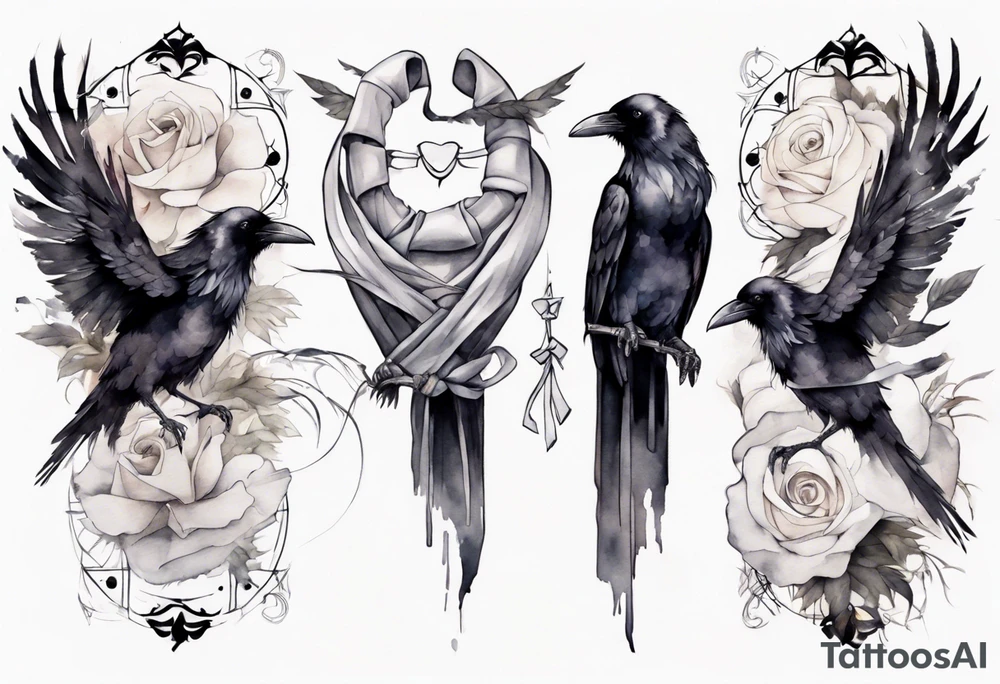 raven with a white ribbon tied around leg tattoo idea