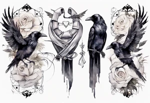 raven with a white ribbon tied around leg tattoo idea