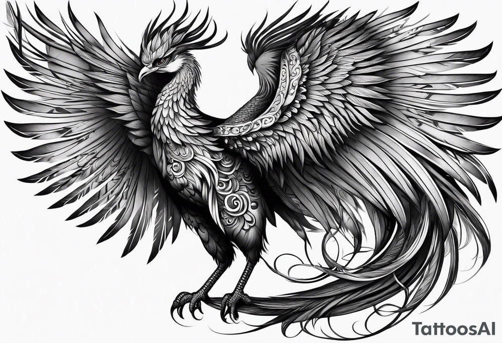 graceful asian style phoenix with extra long tail feathers and a long neck and large feathers tattoo idea