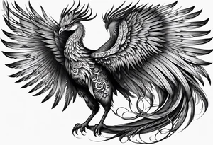 graceful asian style phoenix with extra long tail feathers and a long neck and large feathers tattoo idea