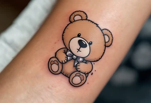 Adámek inside a light brown teddy bear, stitched in soft outline style. tattoo idea
