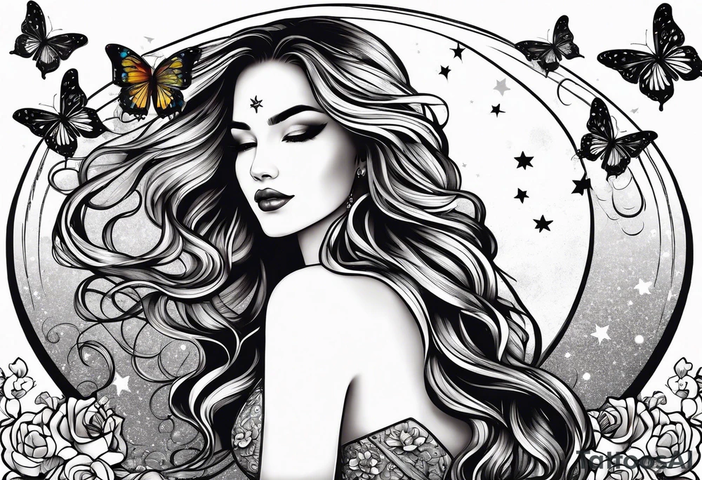Beautiful woman with butterflies in her long wavy hair sitting on a half moon, with a moon and star background tattoo idea