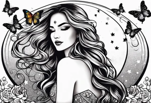 Beautiful woman with butterflies in her long wavy hair sitting on a half moon, with a moon and star background tattoo idea