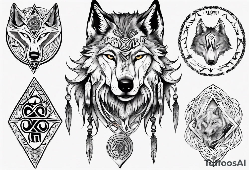 Wolf with Norse symbols, a bit of Māori tattooing and my nanas name joy in it tattoo idea