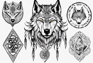 Wolf with Norse symbols, a bit of Māori tattooing and my nanas name joy in it tattoo idea