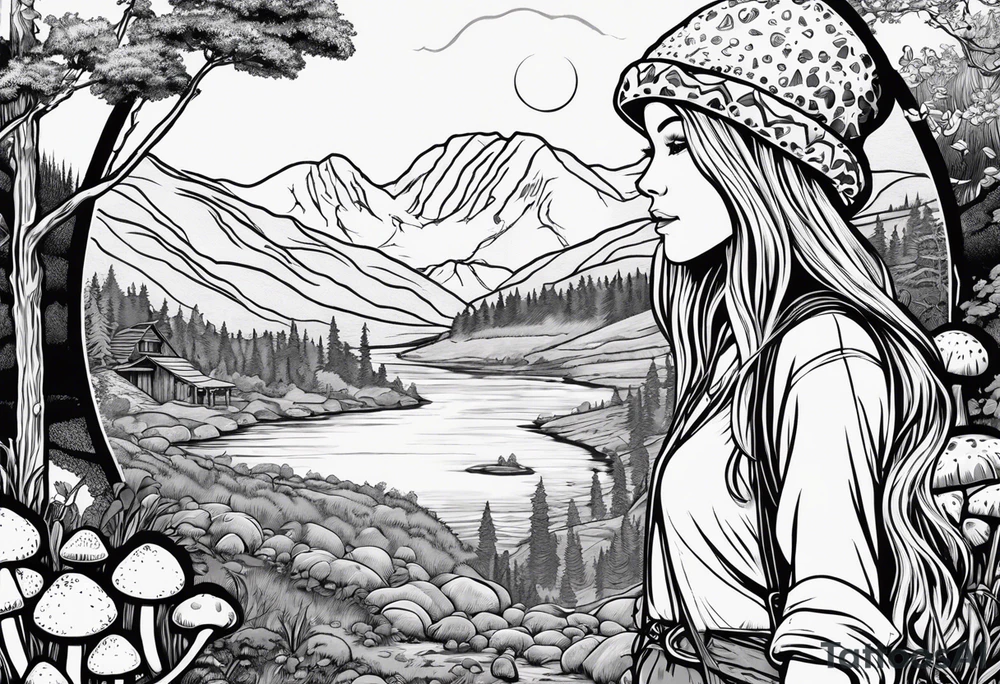 Whole picture encircled fully

Straight long blonde hair hippie girl in distance holding mushrooms in hand facing away toward mountains and creek surrounded by mushrooms long sleeve shirt and hiking pants; whole rendering within a full circle, no cut off circle tattoo idea