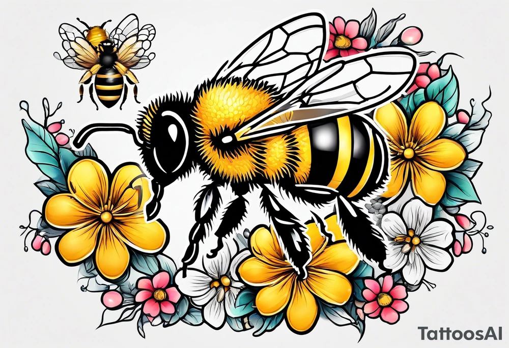 a tattoo with beehive flowers bees and queen bee signifying a mothers love guidance and bond with her daughters and granddaughter tattoo idea