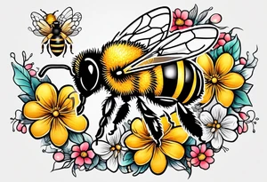 a tattoo with beehive flowers bees and queen bee signifying a mothers love guidance and bond with her daughters and granddaughter tattoo idea