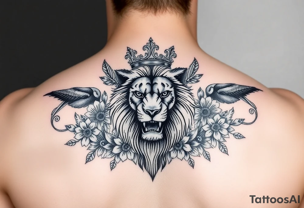 powerful majestic lion with a crown, surrounded by floral ornaments and birds tattoo idea
