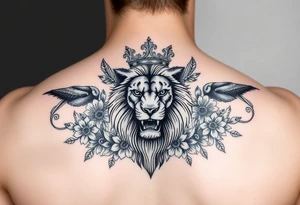 powerful majestic lion with a crown, surrounded by floral ornaments and birds tattoo idea