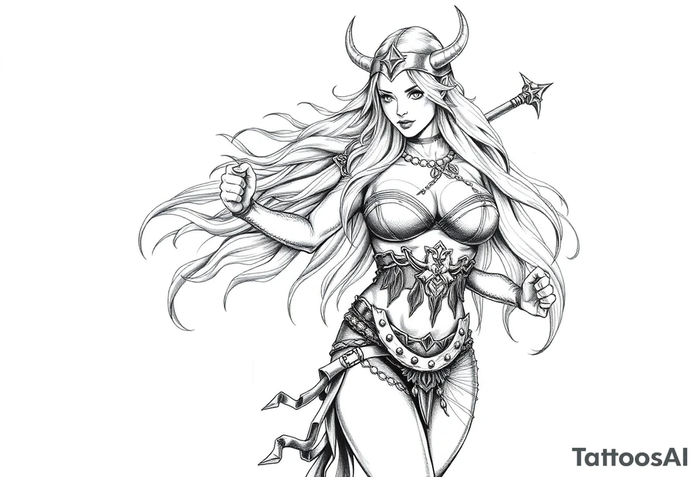 Viking goddess warrior full body sexy long hair pin up tattoo idea