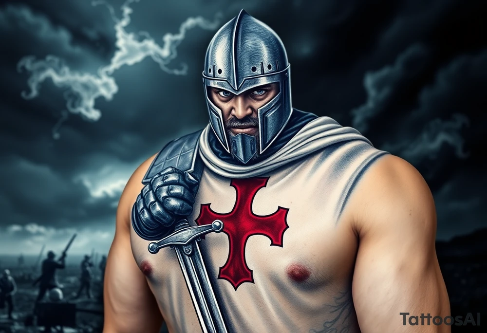 A fierce Templar knight in full armor, gripping a longsword, with a red cross emblazoned on his white tunic, standing against a stormy battlefield. tattoo idea