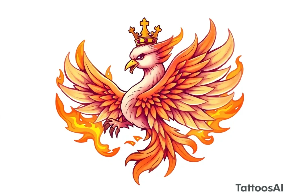 cute powerful majestic Phoenix with crown, surrounded by flames tattoo idea