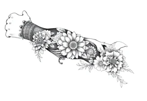 porcelain blue style with ornate, floral, and animal decor with a detailed banded border at the wrist and elbow. tattoo idea