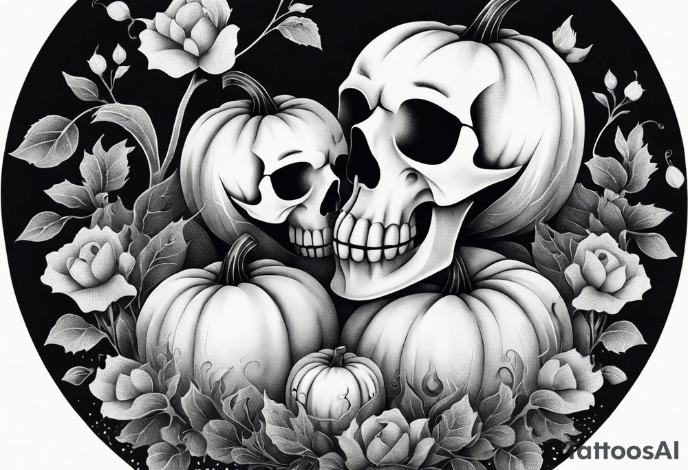 Carved pumpkin with skeletons kissing tattoo idea