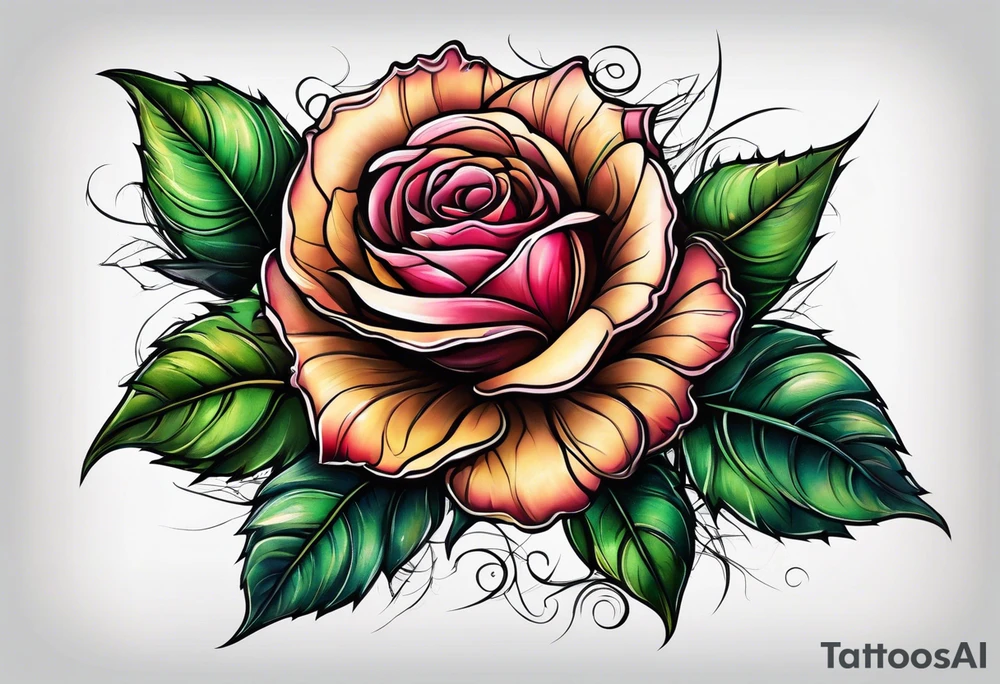 Rose with thorns floating on a leave tattoo idea
