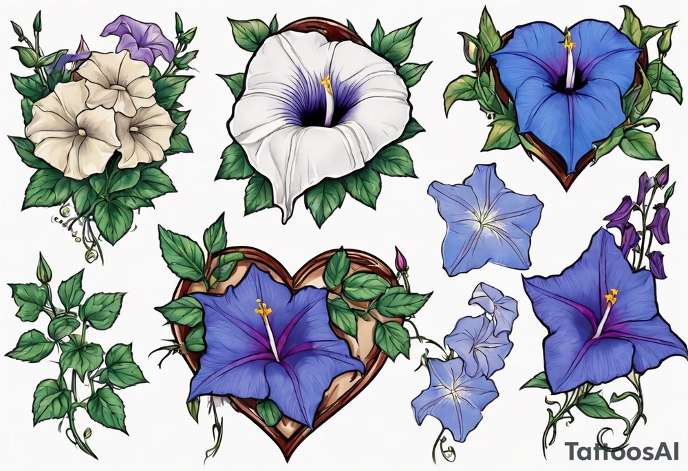 Morning glory and larkspur in a heart tattoo idea