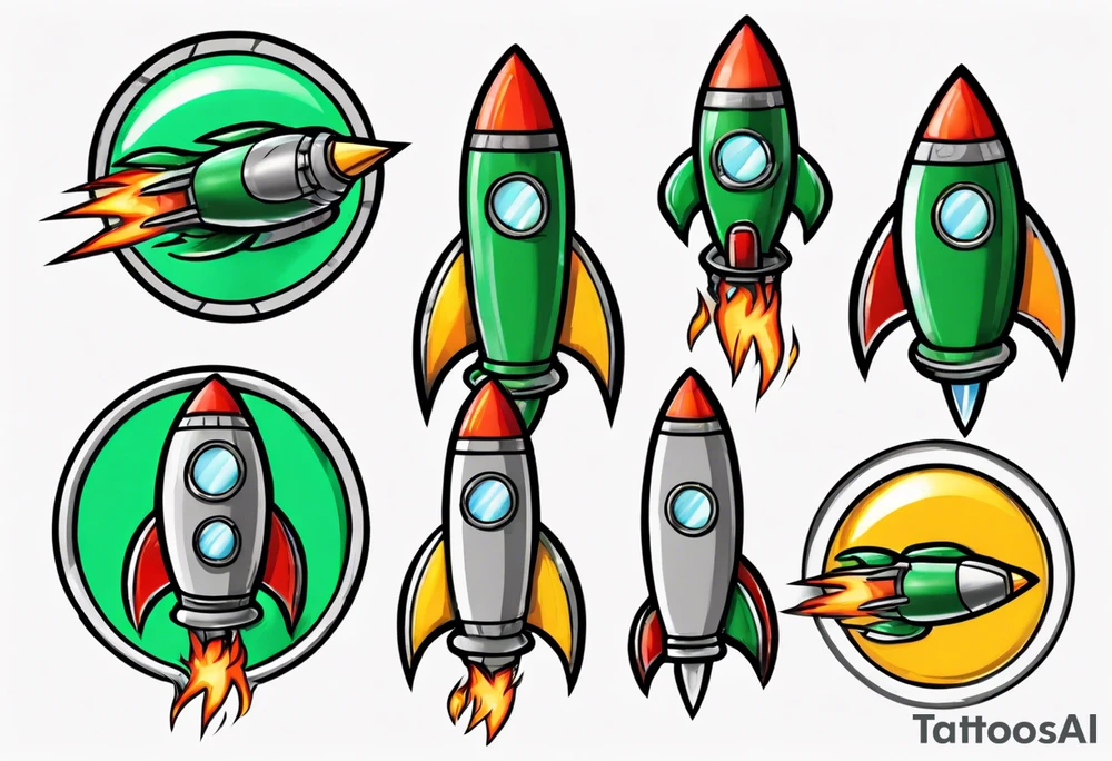 Super simple cartoon rocket ship with a round window, 3 fins, and fire coming out the bottom

Add some shading and detail to make less basic

Use green, yellow, silver. No red or blue. tattoo idea