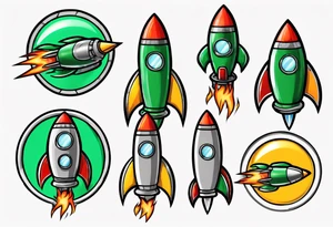 Super simple cartoon rocket ship with a round window, 3 fins, and fire coming out the bottom

Add some shading and detail to make less basic

Use green, yellow, silver. No red or blue. tattoo idea