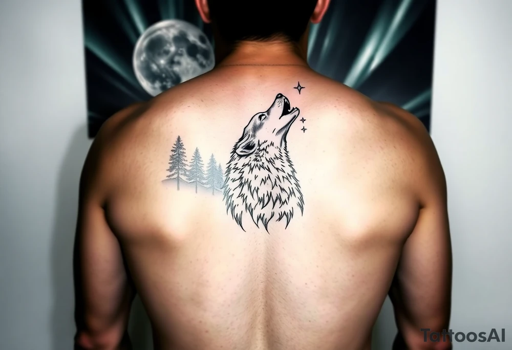 lone wolf howling at full moon with northern lights backdrop tattoo idea