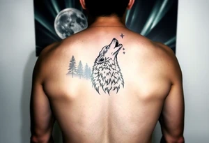 lone wolf howling at full moon with northern lights backdrop tattoo idea