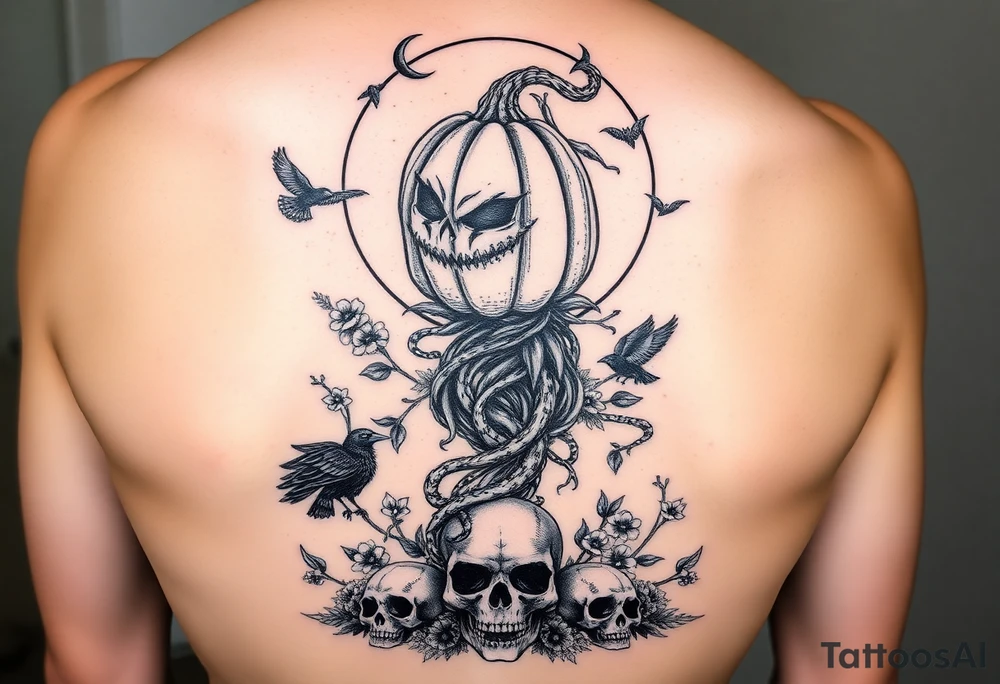 powerful wicked pumpkin head sentinel with vine body, surrounded by floral ornaments and birds, moon in the background with ravens and skulls at the base tattoo idea